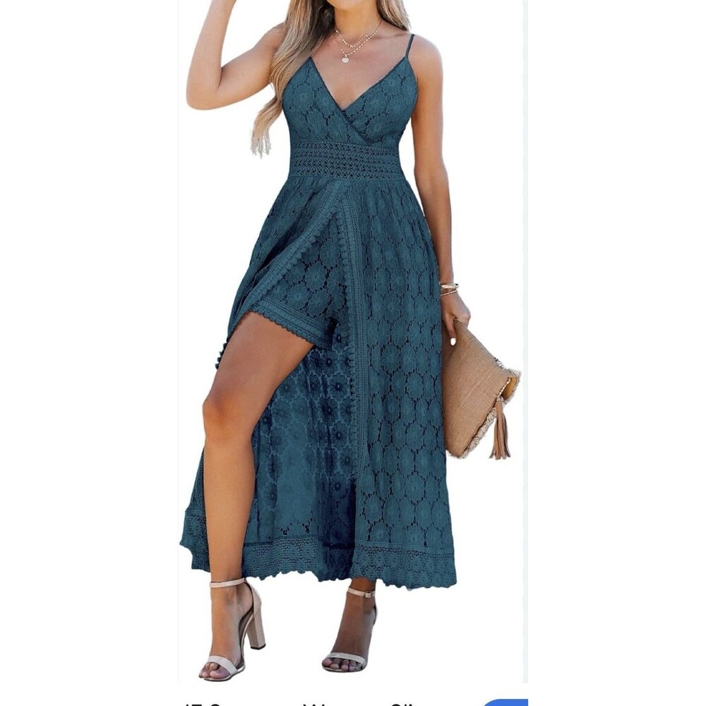 Women's Lace Crochet Maxi Romper Jumpsuit XL Teal Boho Festival Forest Fairy